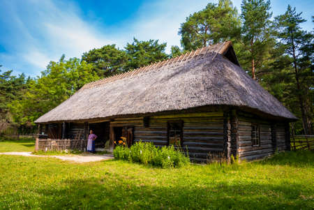 Old woman standing at the entrance of her house in a countryside in Estonia.のeditorial素材