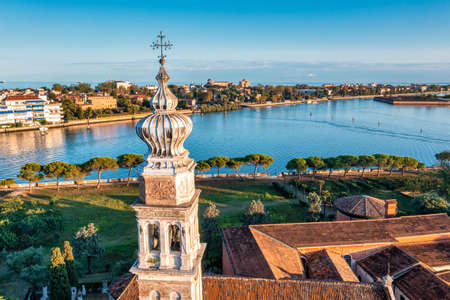 Flying over small Venice islands in Venetian lagoon.の写真素材