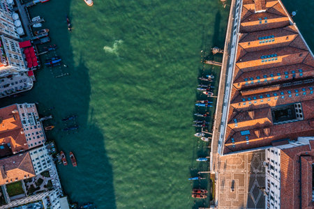 Top down view of moored empty venetian gondolasの写真素材