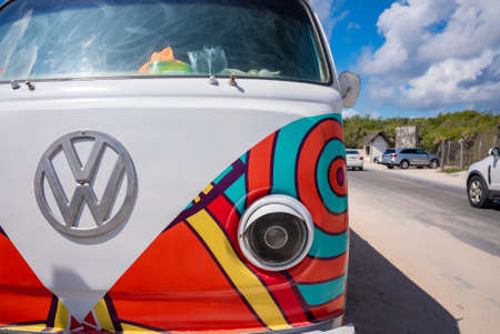 Closed decorative food truck or van parked at roadside on a bright sunny dayのeditorial素材