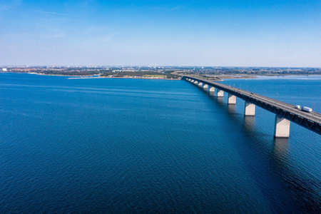 Panoramic view of Oresund bridge during sunset over the Baltic seaの写真素材