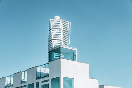The west harbour area with the Turning Torso skyscraper in Malmo, Sweden.の写真素材
