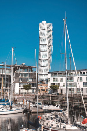 The west harbour area with the Turning Torso skyscraper in Malmo, Sweden.