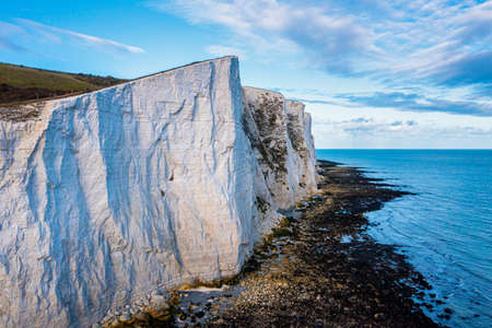 Aerial view of the White Cliffs of Dover. Close up view of the cliffs from the sea side.の写真素材
