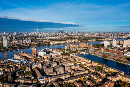 Aerial panoramic view of the Canary Wharf business district in London, UK.の写真素材