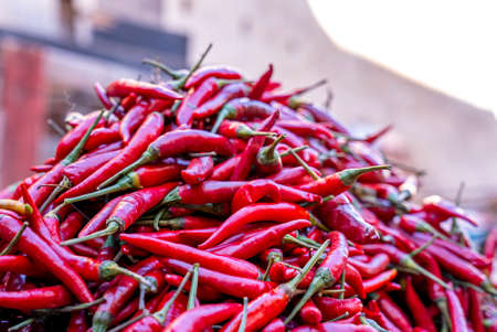 Pile of red chilly or peppers for sale at marketplace in fezの写真素材