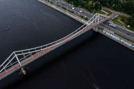Aerial view of the bridge in Kyiv over river Dnieperの写真素材