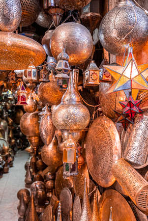 Moroccan style copper souvenir lamps in different designs for saleの写真素材