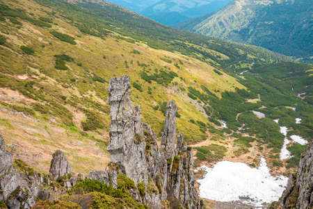 Rock cliff covered with moss and snow against slope of mountain