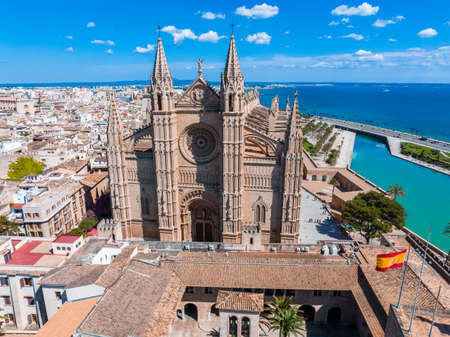 Aerial view of the Spanish flag near the La Seu in Mallorca, Spain.の写真素材