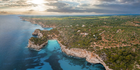 Aerial view, Cala des Moro, rocky coast at Cala de sAlmonia