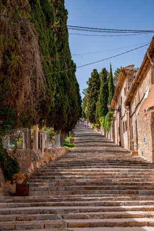 Low angle view of staircase with trees and buildings leading towards town against skyの写真素材