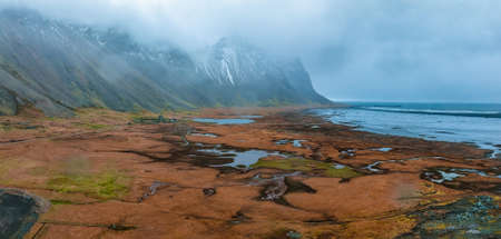 Aerial view of a viking village on a stormy rainy day in Iceland.の写真素材