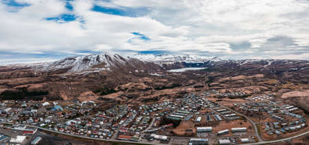 Aerial scenic view of the historic town of Husavik