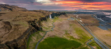 Aerial view of the Seljalandsfoss - located in the South Region in Icelandの写真素材