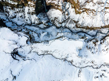 Aerial view of the glaciers and snowy mountains in Iceland.