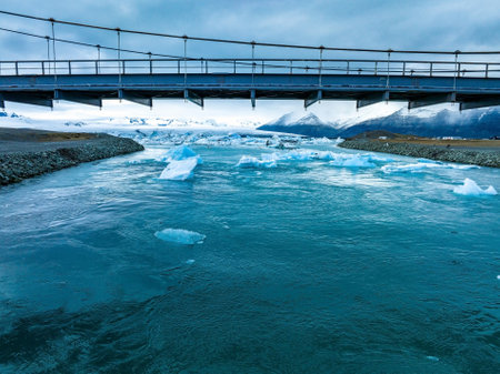 Scenic view of icebergs in Jokulsarlon glacier lagoon, Iceland, at dusk.の写真素材