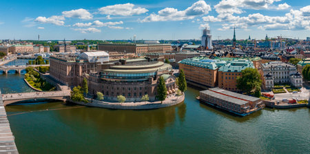 Aerial panoramic view of the old Town, Gamla Stan, in Stockholm.の写真素材
