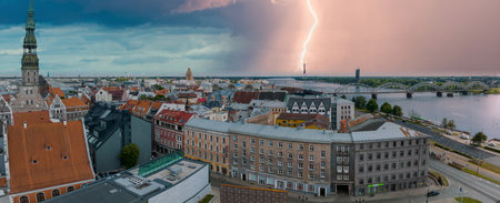 Establishing aerial Bird eye view shot of Riga, Riga skyline, Latvia.