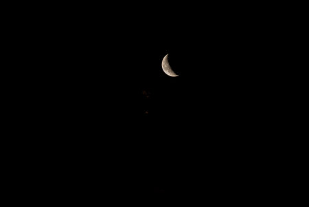 Beautiful orange quarter moon in the dark night skyの写真素材