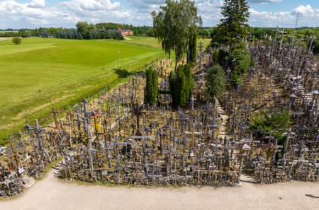 Aerial view of Hill of Crosses or KRYZIU KALNAS in Lithuania.の写真素材