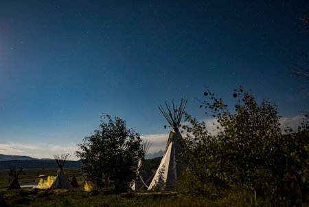 Small yurts standing in the field under the night sky full of stars.の写真素材