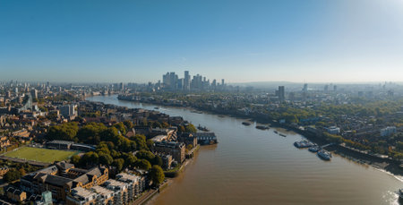 Aerial panoramic skyline view of Canary Wharf, the worlds leading financial district in London, UK.