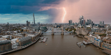 Lightening and thunderstorm in the middle of London near the Tower bridge.