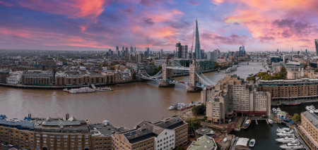 Aerial view of the Tower bridge, central London, from the South bank of the Thames.の写真素材