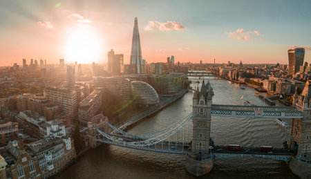 Aerial view of the London Tower Bridge at sunset.の写真素材