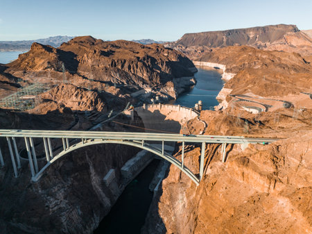 Aerial view of Hoover Dam and the Colorado River Bridgeの写真素材