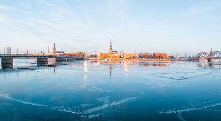 Aerial view of the winter Riga old townの写真素材
