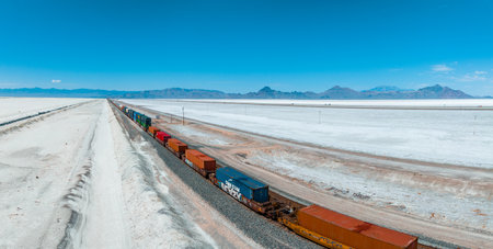 Cargo train passing by the desert Nevada, USA near Salt Flats.