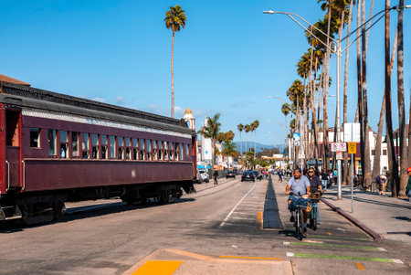 Vintage train moving on street at Santa Cruz Beach Boardwalk