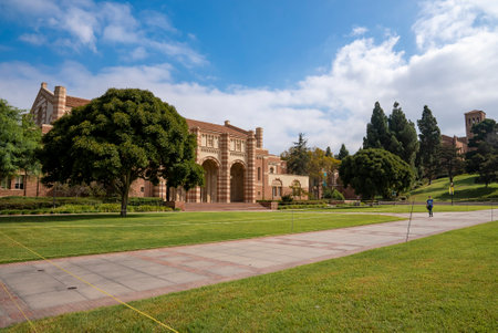 Footpath and grassy land in front of the University of California, Los Angelesの写真素材
