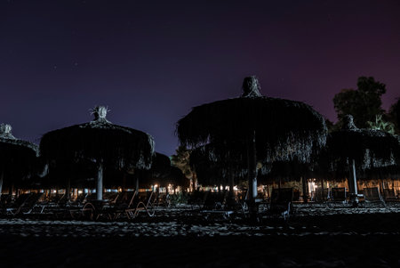 Silhouette deckchairs and umbrellas arranged on beach under sky at night