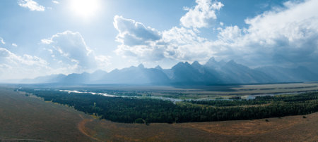 View of Mount Moran in Grand Teton National Park from aboveの写真素材