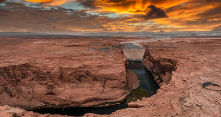 Aerial view of the Grand Canyon Upriver Colorado River Glen Canyon Dam in Arizonaの写真素材