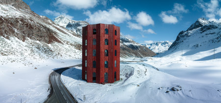 Julier Theater Tower on the Julier Pass in winter. Canton of Graubuenden