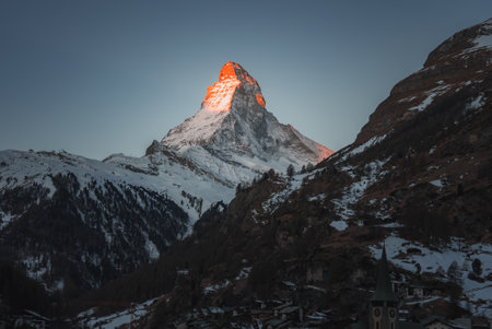 Scenic sunrise or sunset view of Matterhorn - one of the most famous and iconic Swiss mountainsの写真素材