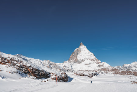 Scenic sunrise or sunset view of Matterhorn - one of the most famous and iconic Swiss mountainsの写真素材