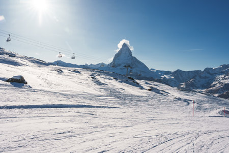 Scenic sunrise or sunset view of Matterhorn - one of the most famous and iconic Swiss mountainsの写真素材