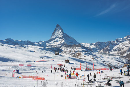Scenic sunrise or sunset view of Matterhorn - one of the most famous and iconic Swiss mountainsの写真素材