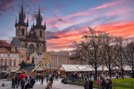 The old town square of Prague - one of the main touristic spots in the city.の写真素材