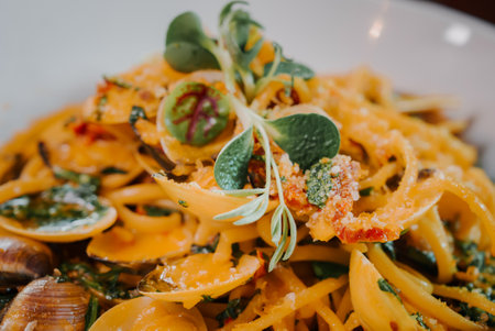 Pasta Alla Puttanesca with garlic, olives, capersの写真素材