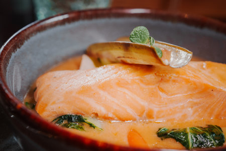 Fried salmon steak with potatoes and vegetables and spicy sauce.の写真素材