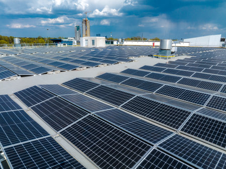 Close-up of Solar cell farm power plant eco technology.