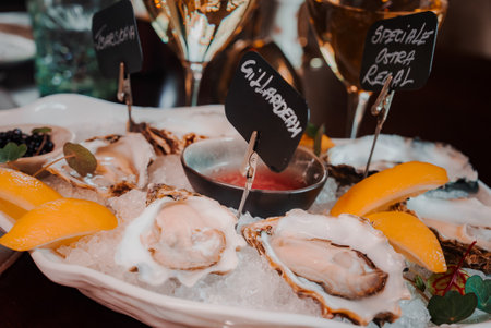 Fresh Oysters close up on a plate, served table with oysters, lemon and ice. Healthy sea food.の写真素材