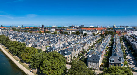 Aerial view of the rooftops of Kartoffelraekkerne neighborhood, in Oesterbro, Copenhagen, Denmark.の写真素材
