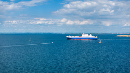 Industrial ship crossing the canal moving towards Malmoの写真素材
